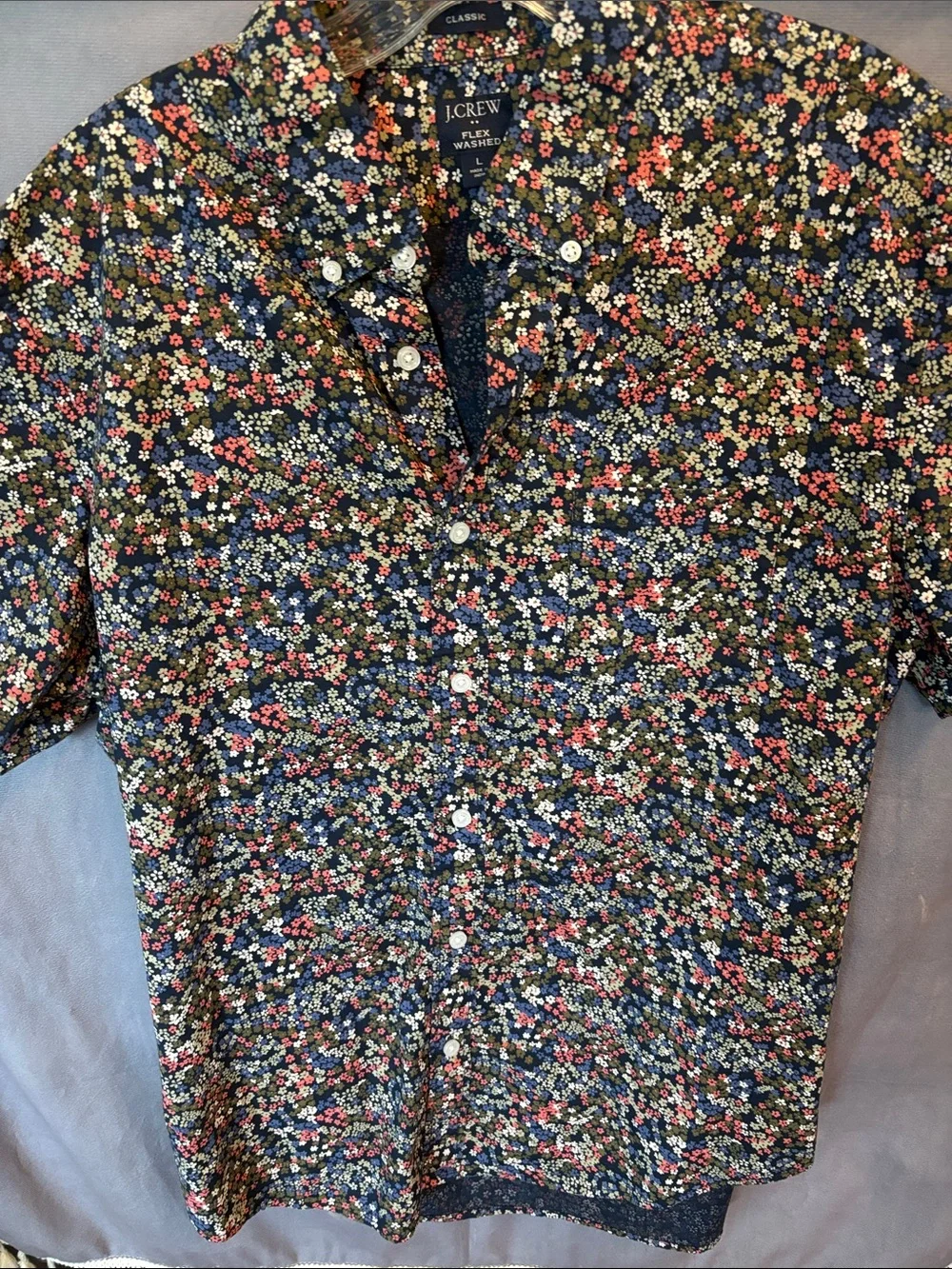 J. Crew Black/Floral Classic Flex Washed Button-Up Short Sleeve Shirt, Sz L